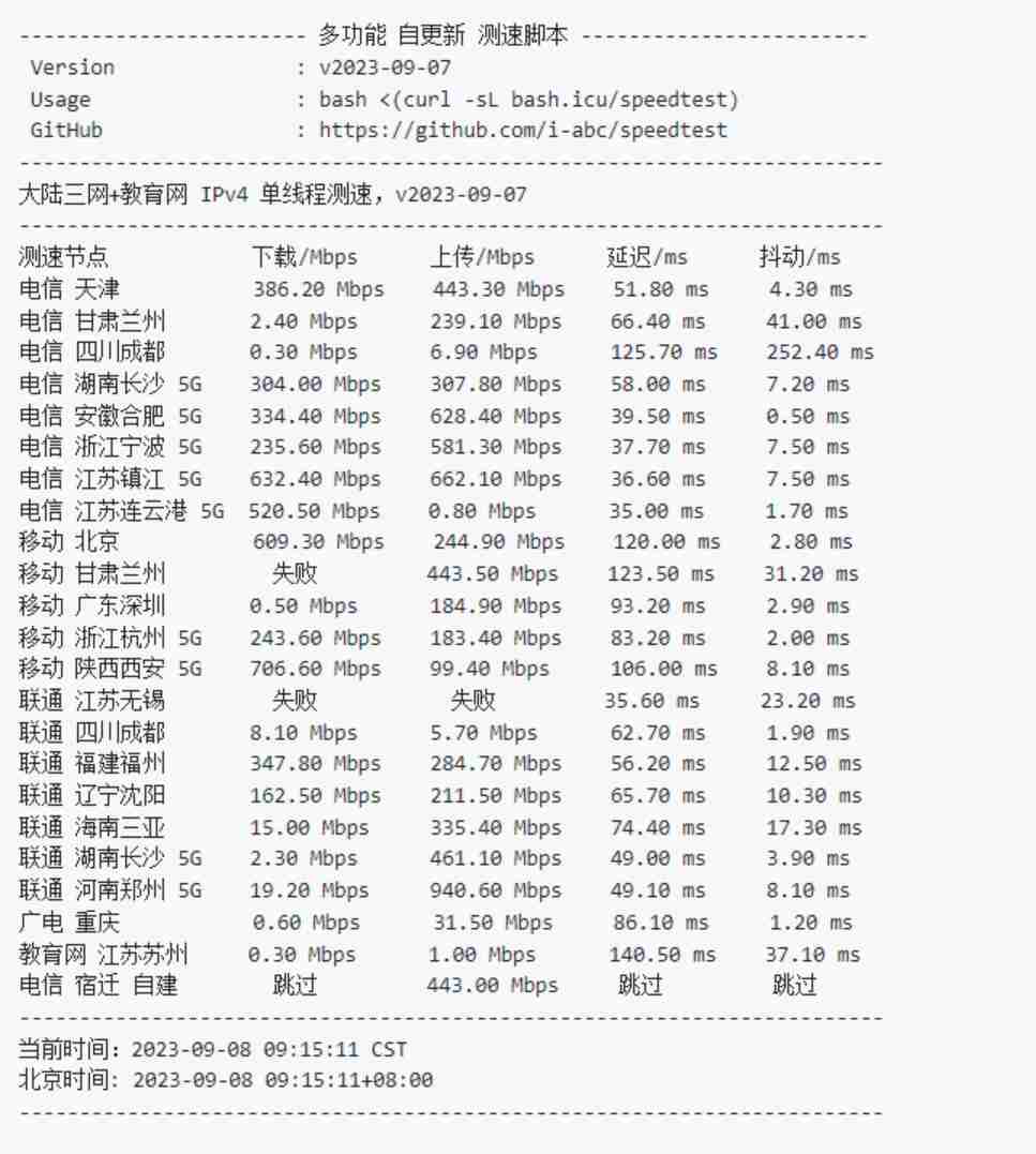 Linux多功能测速脚本多节点三网测速